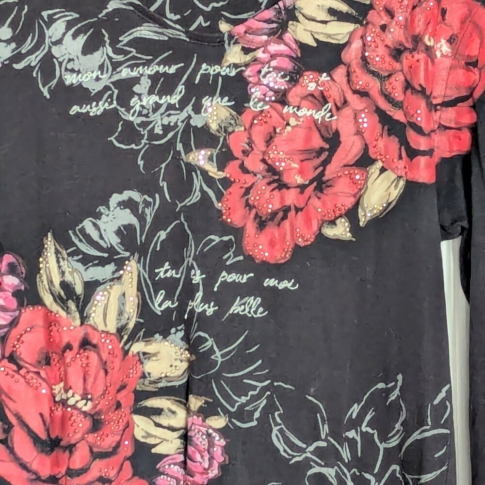 Karen Scott (Medium) Long Sleeve Tee/Top w/Floral Designs, Scripts & Sparkles - Picture 2 of 11